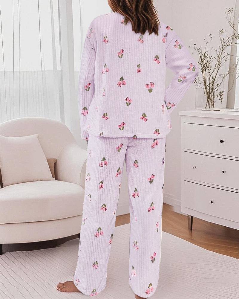 2 Pieces Outfit Floral Print Round Neck Drop Shoulder Top and Elastic Waist Pants Set Casual Ribbed Flannel Pajamas Set