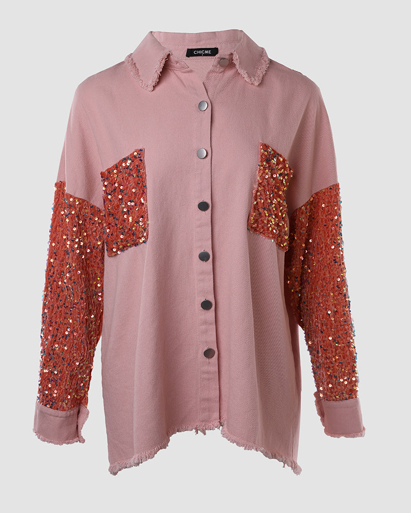 Casual Jacket Sequin Patchwork Long Sleeve Jacket Top Button Front Raw Hem Oversized Denim Shacket