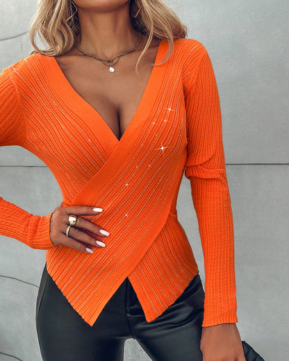 Rhinestone Decor Overlap V-Neck Long Sleeve Knit Sweater Asymmetrical Hem Slim Fit Textured Pullover Top