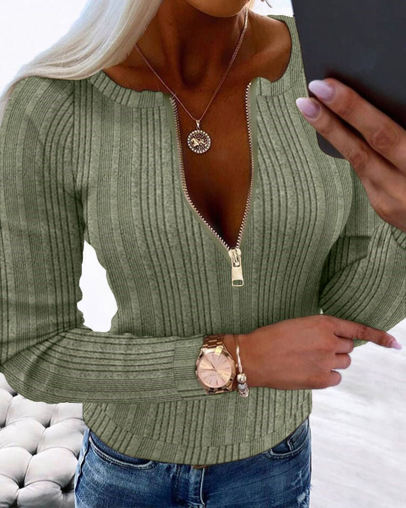 Crewneck Long Sleeve Ribbed Top Half Zipper Design Casual Pullover Tops