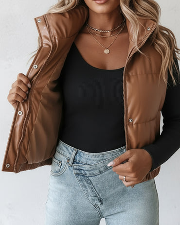 PU Leather High Neck Zip Up Double Snap Buttons Front Vest Casual Stretchy Hem Crop Padded Coat