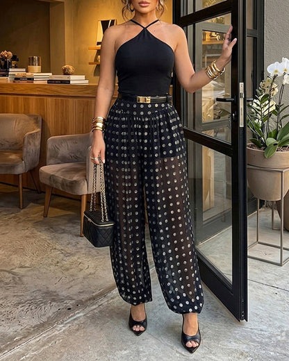 ChicMeLive Women's Polka Dot Sheer Lantern Pants High Waist Loose Fit Harem Pants Vintage See-Through Trousers with Lining