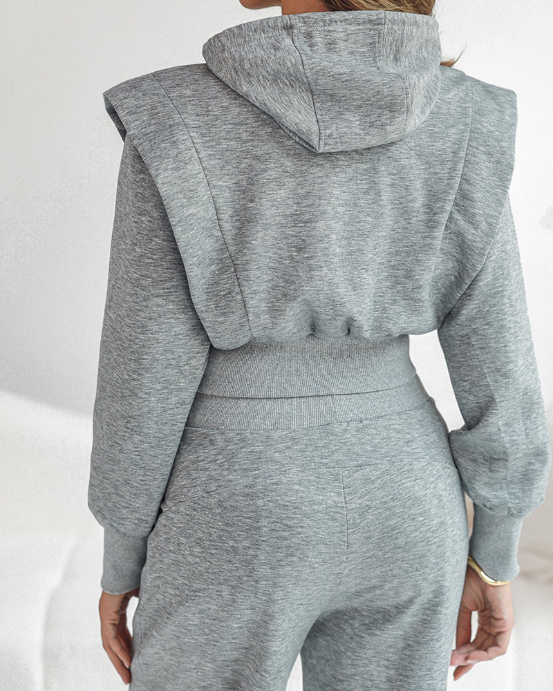2-teiliges Outfit, langärmliges, kurzes Kapuzenpullover-Sweatshirt mit Kordelzug, Bündchen mit Daumenlöchern und lässigem Jogginghosen-Set mit Kordelzug und elastischer Taille mit weitem Bein 