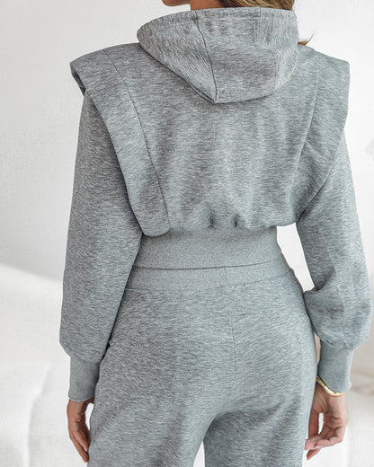 2-teiliges Outfit, langärmliges, kurzes Kapuzenpullover-Sweatshirt mit Kordelzug, Bündchen mit Daumenlöchern und lässigem Jogginghosen-Set mit Kordelzug und elastischer Taille mit weitem Bein 