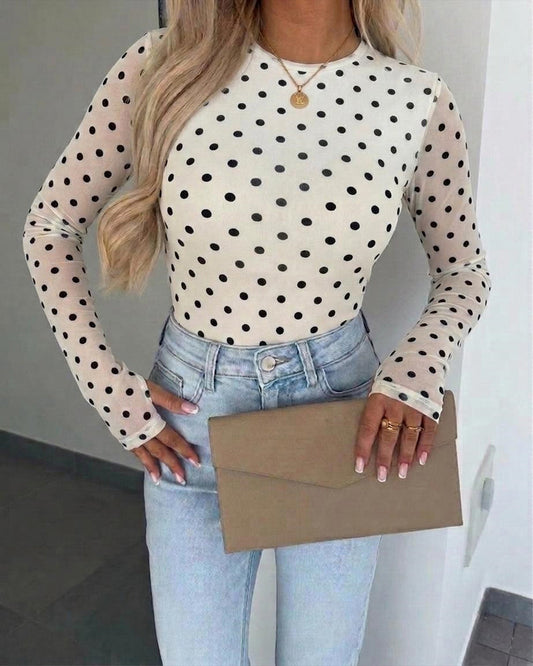Women's Mesh Polka Dot Top Lined Sheer Long Sleeve Tee Crewneck Slim Fit Layering Under Base Top with Thumbholes