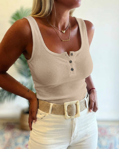 U-Neck Sleeveless Half Button Front Tank Slim Fit Backless Knit Waffle Tank Top