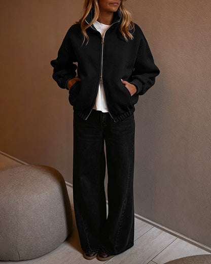 Women's Two-Way Zipper Front Stretchy Hem Coat Stand Collar Drop Shoulder Sweatshirt with Pockets