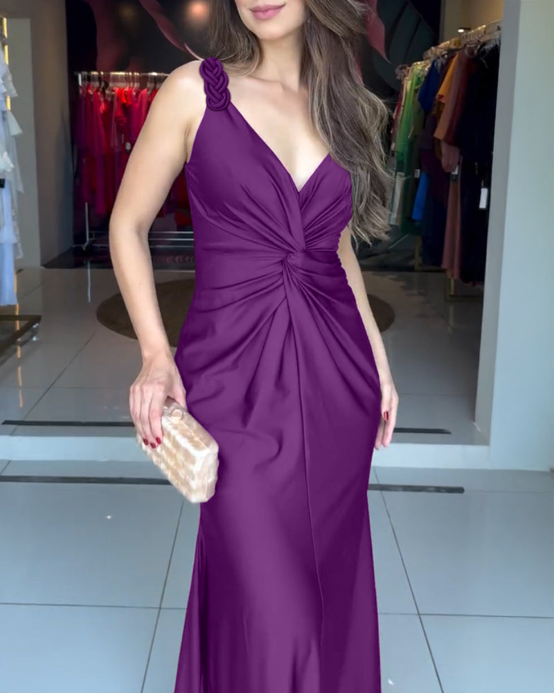 Deep V-Neck Braided Straps Twist Front Cinched Waist Evening Dress Casual Zipper Back Mermaid Hem Satin Maxi Dress