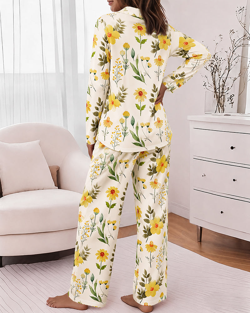 Women's Colorful Heart Print 2 Piece Pajama Set Long Sleeve Button Down Top and High Waisted Pants Casual Lounge Sets