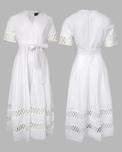 Overlap Deep V-Neck Hollow-out Spliced High Waist Maxi Dress Casual Zipper Back Tie Waist Vacation Dress