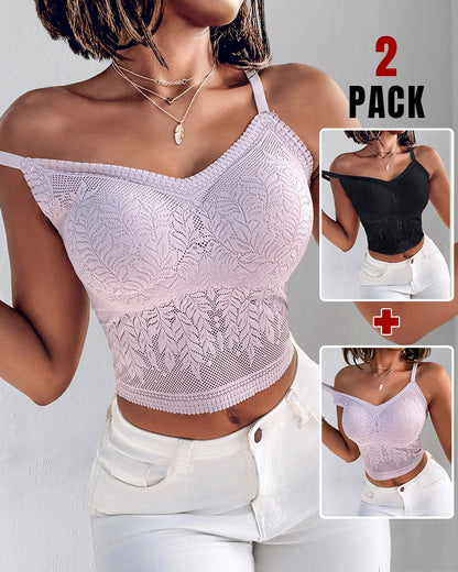 2-Pack Womens Lace V-Neck Adjustable Spaghetti Straps Bralette Camisoles Sexy Soft Crop Cami Top