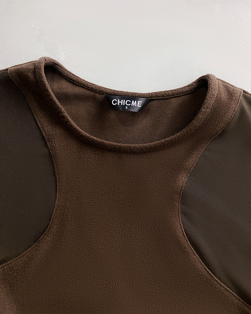 Sheer Mesh Spliced Long Sleeve Slim Fit Sexy Top