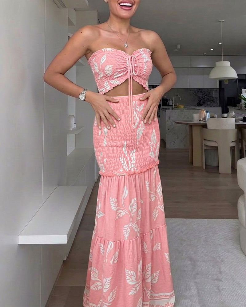 ChicMeLive Women's Tropical Plants Bandeau Dress Sexy Drawstring Cutout Shirred Waist Mermaid Dress Ruffle Hem Vacation Maxi Dress