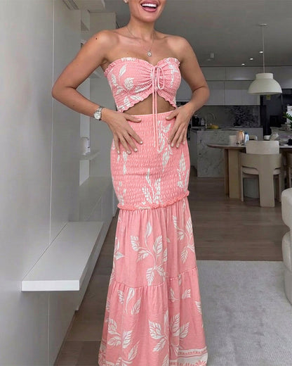 ChicMeLive Women's Tropical Plants Bandeau Dress Sexy Drawstring Cutout Shirred Waist Mermaid Dress Ruffle Hem Vacation Maxi Dress