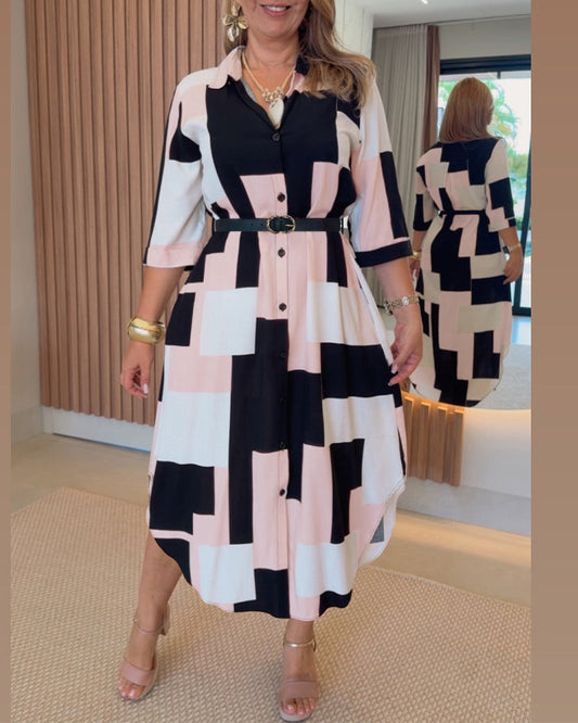 Women's Colorblock Geometric Shirt Dress Casual Three-Quarter Sleeves Asymmetrical Hem Commuting Dress with Belt