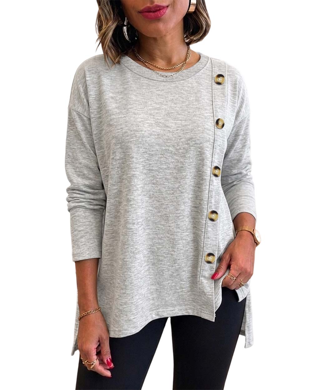 CHICMELIVE Womens Long Sleeve Tops with Buttons Dressy Casual Crewneck Shirts