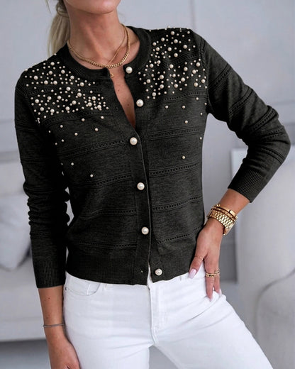 CHICMELIVE Womens Pearl Beaded Knit Cardigan Long Sleeve Cropped Sweater