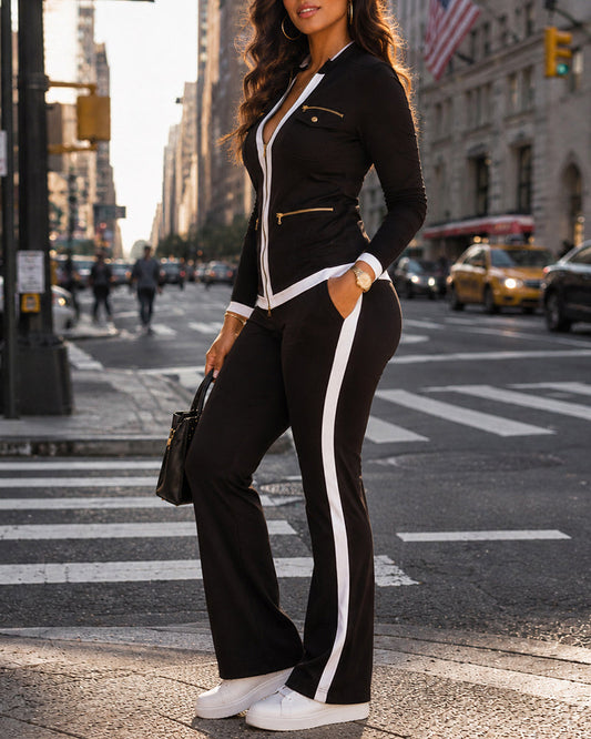 Women's 2 Piece Set Two-Way Zipper Front Stand Collar Top and High Waist Straight Leg Pants Casual Tracksuit