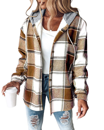 CHICMELIVE Womens Casual Jacket Plaid Hooded Fleece Lined Shacket