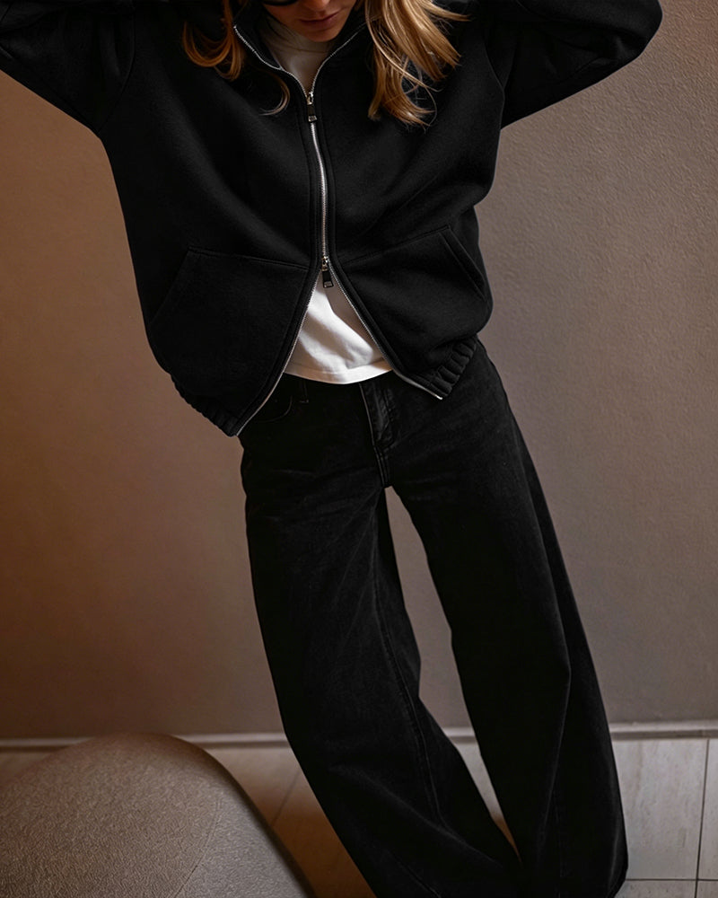 Women's Two-Way Zipper Front Stretchy Hem Coat Stand Collar Drop Shoulder Sweatshirt with Pockets
