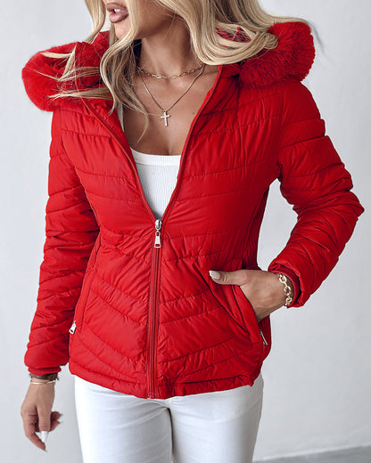 Zipper Pocket Design Shirred Fuzzy Trim Fleece Lined Hooded Puffer Jacket