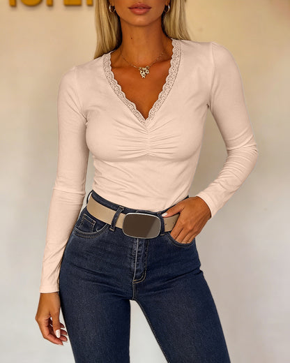 CHICMELIVE Women Lace Long Sleeve Top V Neck Fitted Shirts Fall Blouses