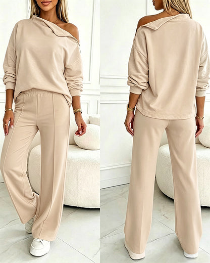 Women's 2 Piece Sweatsuit Set Mock Neck Zip Sweatshirt and High Waisted Straight Leg Sweatpants Casual Loungewear