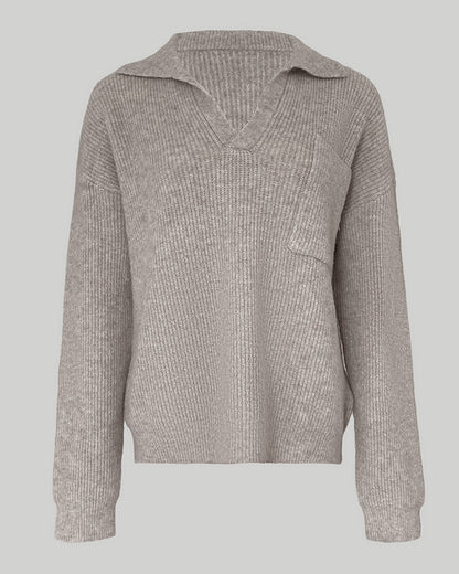 Women's Rib-Knit Polo Sweater V-Neck Collared Long Sleeve Pullover Loose Fit Drop Shoulder Top