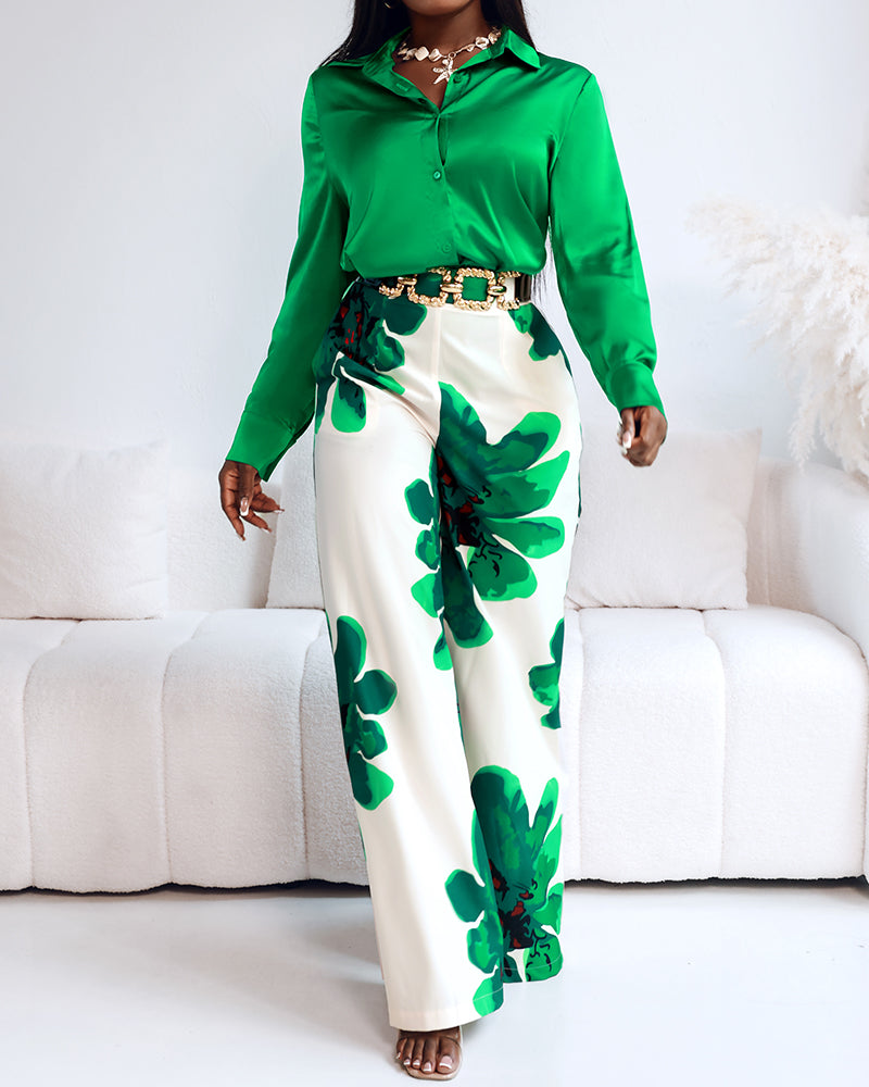 2 Pieces Outfit Long Sleeve Satin Blouse and Casual Floral Print High Waist Wide Leg Pants Set