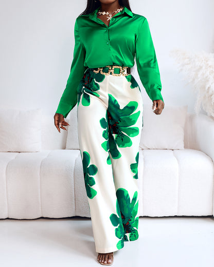 2 Pieces Outfit Long Sleeve Satin Blouse and Casual Floral Print High Waist Wide Leg Pants Set