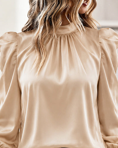 Women's Satin Blouse Mock Neck Puff Sleeve Shirt Back Tie Bow Elegant Ruched Shirt Shirred Frill Cuff Work Top