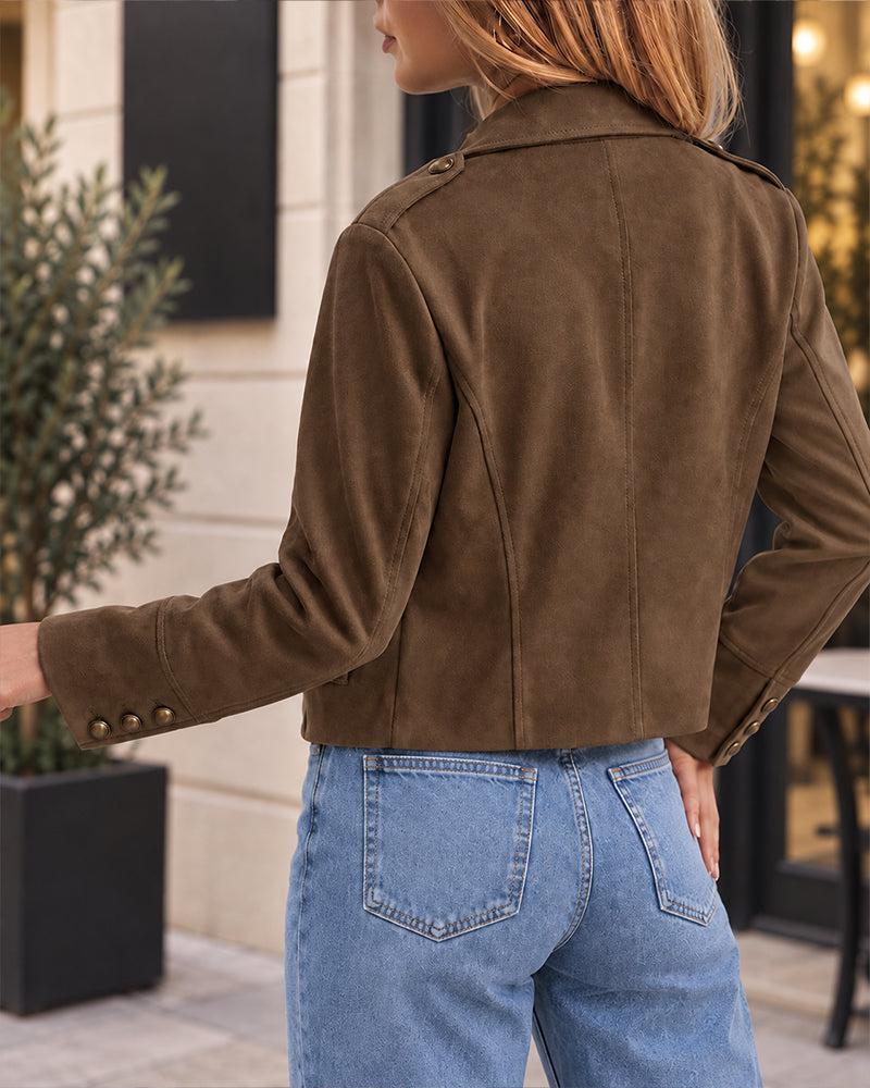 Womens Vintage Cropped Faux Suede Jacket Zip Up Shackets Coat