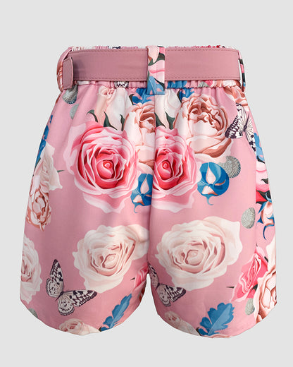 2 Pieces Outfits Notched Collar Long Sleeve Blazer Coat and Floral Print Zipper Fly Shorts Set With Belt