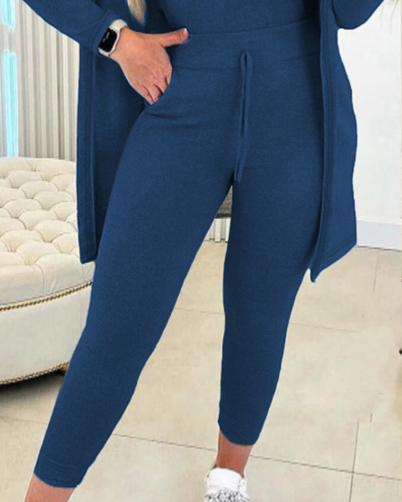 3 Piece Lounge Set Crewneck Sleeveless Tank Top Long Sleeve Open Front Coat Pants Sweatsuit