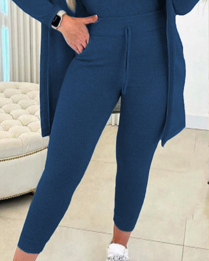 3 Piece Lounge Set Crewneck Sleeveless Tank Top Long Sleeve Open Front Coat Pants Sweatsuit