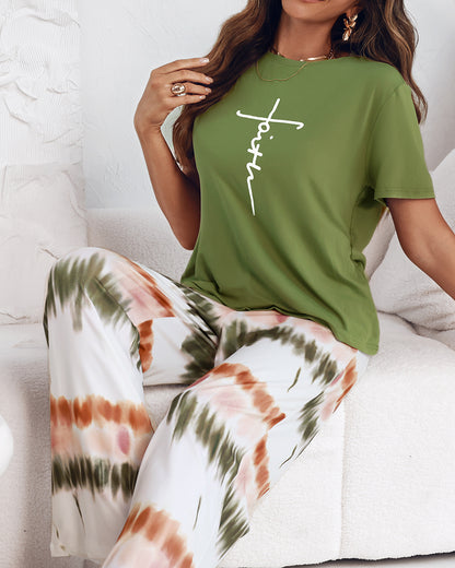 2 Pieces Outfit Letter print Round Neck Short Sleeve Top and Tie Dye Print Elastic Waist Loose Fit Pants Set Casual Pajamas Set