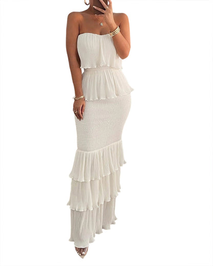 Layered Ruffle Shirred Slim Fit Strapless Dress Textured Maxi Party Dress