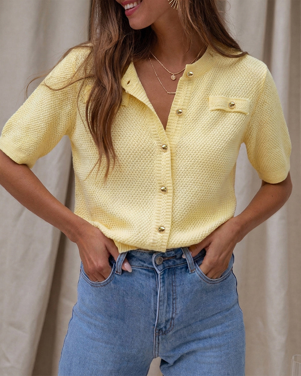 Women's Hollow Out Knit Cardigan Short Sleeve Gold Button Sweater Casual Loose Knitwear Top