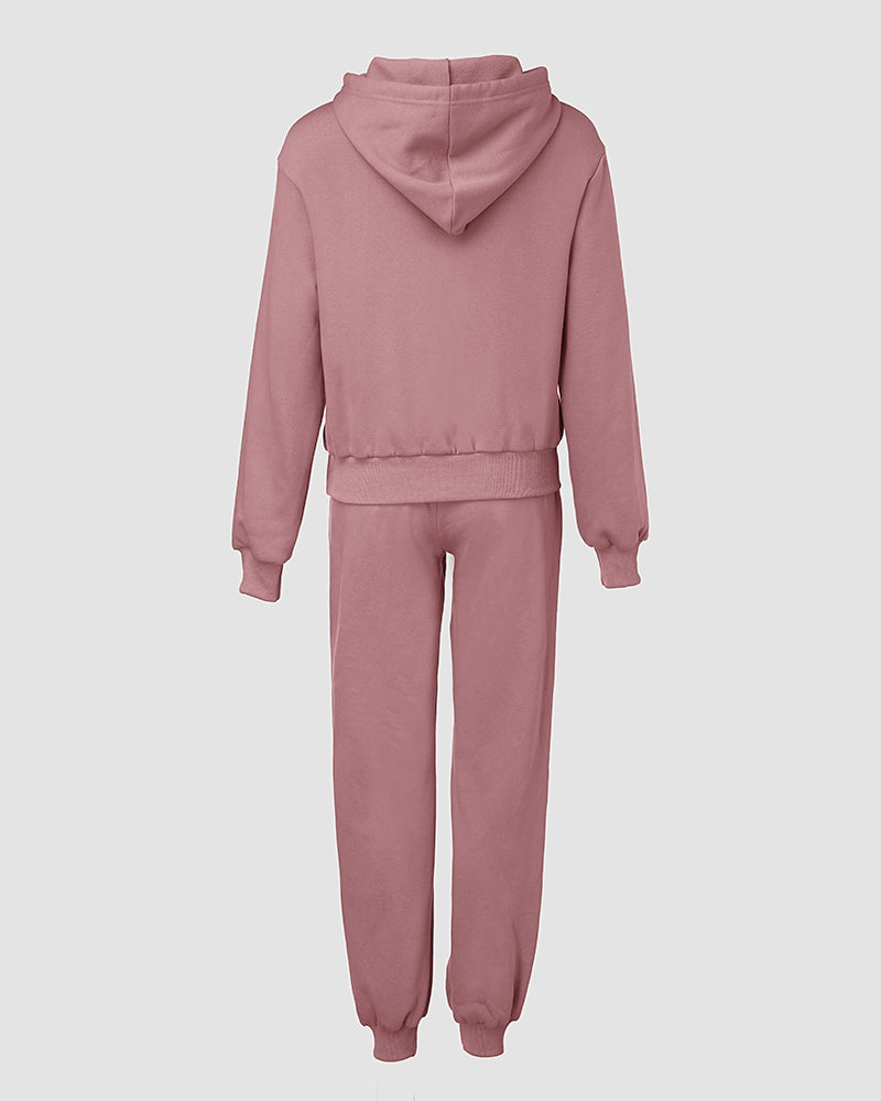 2 Pieces Outfit Kangaroo Pocket Thermal Lined Drawstring Hoodie Sweatshirt and Casual Elastic Waist Cinched Ribbed Cuffs Sporty Sweatpants Set