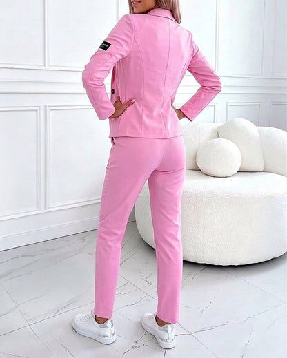 Women's 2 Piece Outfits Single Breasted Blazer and Tapered Pants Set Casual Commuting Set with Pockets