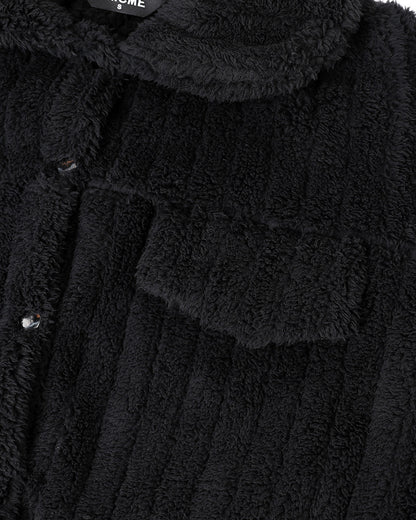 Textured Striped Turn-down Collar Button Front Elastic Cuff and Hem Teddy Fleece Jacket With Decorative Flap Pockets