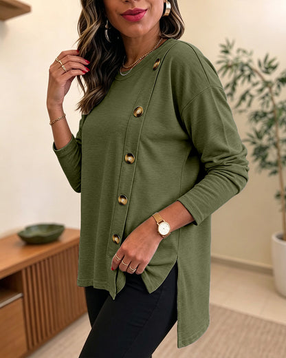 CHICMELIVE Womens Long Sleeve Tops with Buttons Dressy Casual Crewneck Shirts