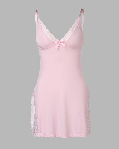 Lace Trim Adjustable straps Side Slit Bowknot Decor Modal Cami Sleep Dress