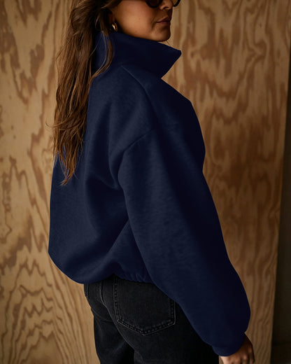 Women's Two-Way Zipper Front Stretchy Hem Coat Stand Collar Drop Shoulder Sweatshirt with Pockets