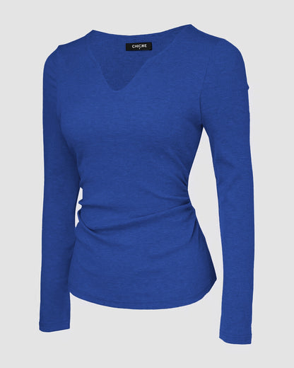 ChicMe Built-in Bra Notch Neck Long Sleeve Shirts Rib-Knit Ruched Waist Top