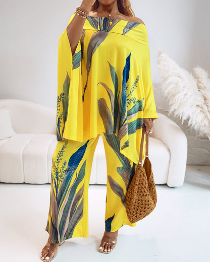 2 Pieces Outfit Plants Print Cold Shoulder Batwing Sleeve Top and Casual Wide Leg Pants Set