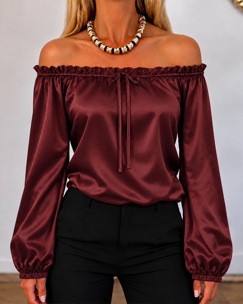 CHICMELIVE Off Shoulder Satin Tops Women Ruffle Tie Front Blouse