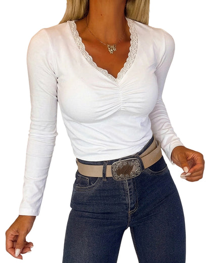 CHICMELIVE Women Lace Long Sleeve Top V Neck Fitted Shirts Fall Blouses