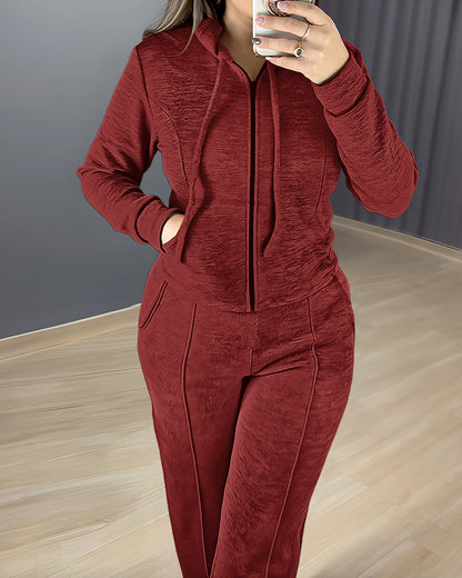 2 Pieces Outfit Long Sleeve Zip Up Drawstring Hoodie Coat and Casual Elastic Waist Seam Front Wide Leg Pants Set
