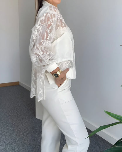Floral Lace Embroidered Mesh Patchwork High-Low Hem Baseball Coat Casual Side Slit Zip Up Bomber Jacket